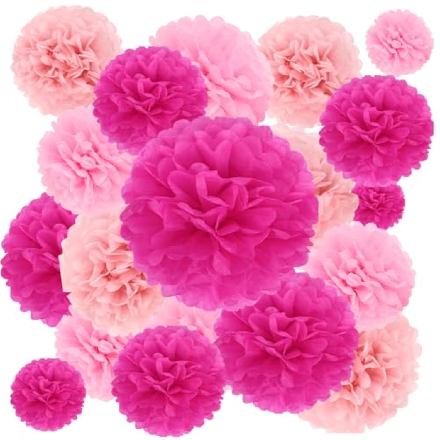 16Pcs Party Decorations - Hot Pink Pom Poms, Paper Flowers For Wedding, Birthday, Engagement Receptions & Bridal Shower