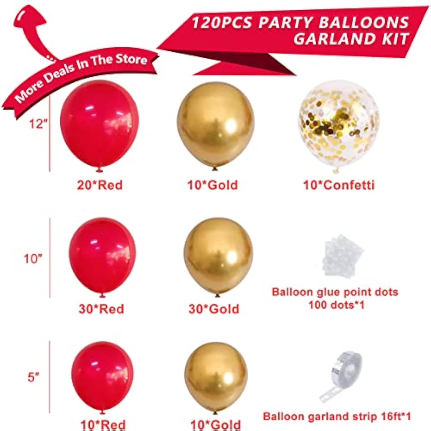 Red Gold Confetti Balloons Garland Arch Kit, 120 Pcs 12In 10In 5In Lat