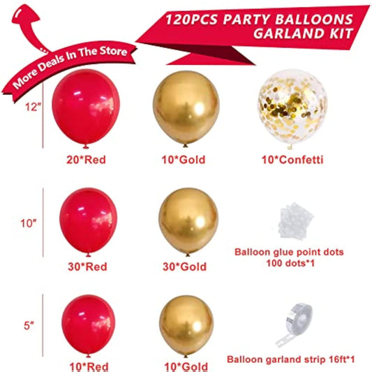 Red Gold Confetti Balloons Garland Arch Kit, 120 Pcs 12In 10In 5In Lat