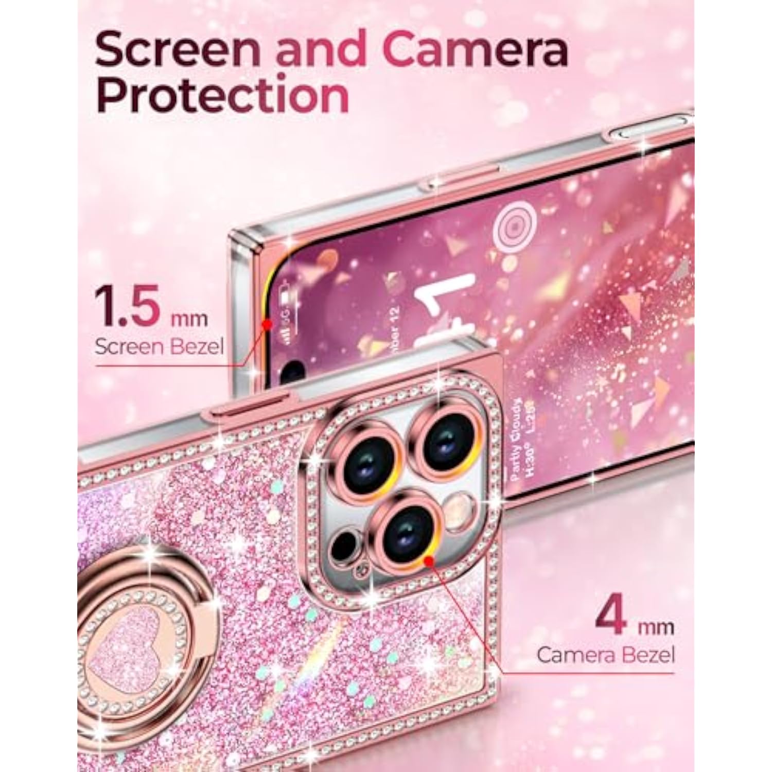 Luxury Glitter Bling Phone Case for iPhone 16 Pro Max with 2-Ring Heart Stand & Lanyard, Pink Rhinestone Shockproof Protective Cover for Women Girls