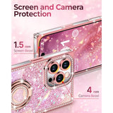 Luxury Glitter Bling Phone Case for iPhone 16 Pro Max with 2-Ring Heart Stand & Lanyard, Pink Rhinestone Shockproof Protective Cover for Women Girls