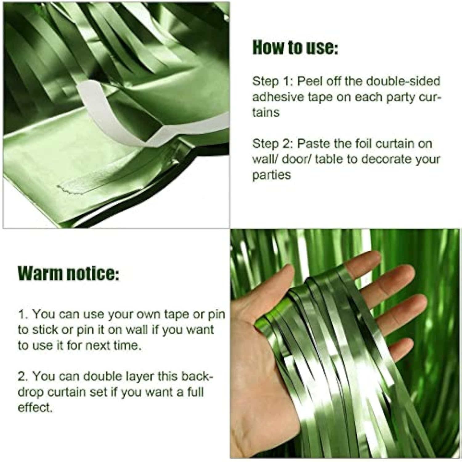 4-Pack Light Green Foil Fringe Curtains 3.28x8.2 ft for Party and Photo Booth Decor