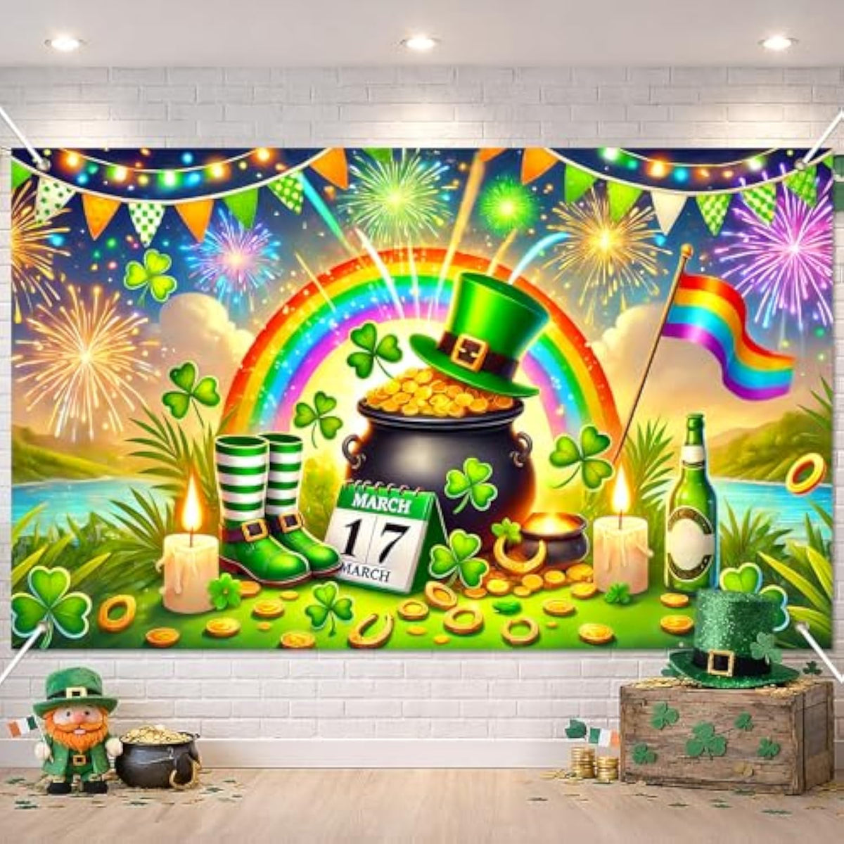 St. Patrick’S Day Banner Happy St. Patrick’S Day Decorations 71X43 Inch Rainbow Shamrock Gold Coin Pot Clover March 17 Party Wall Decor Holiday Photo Backdrop Indoor Outdoor