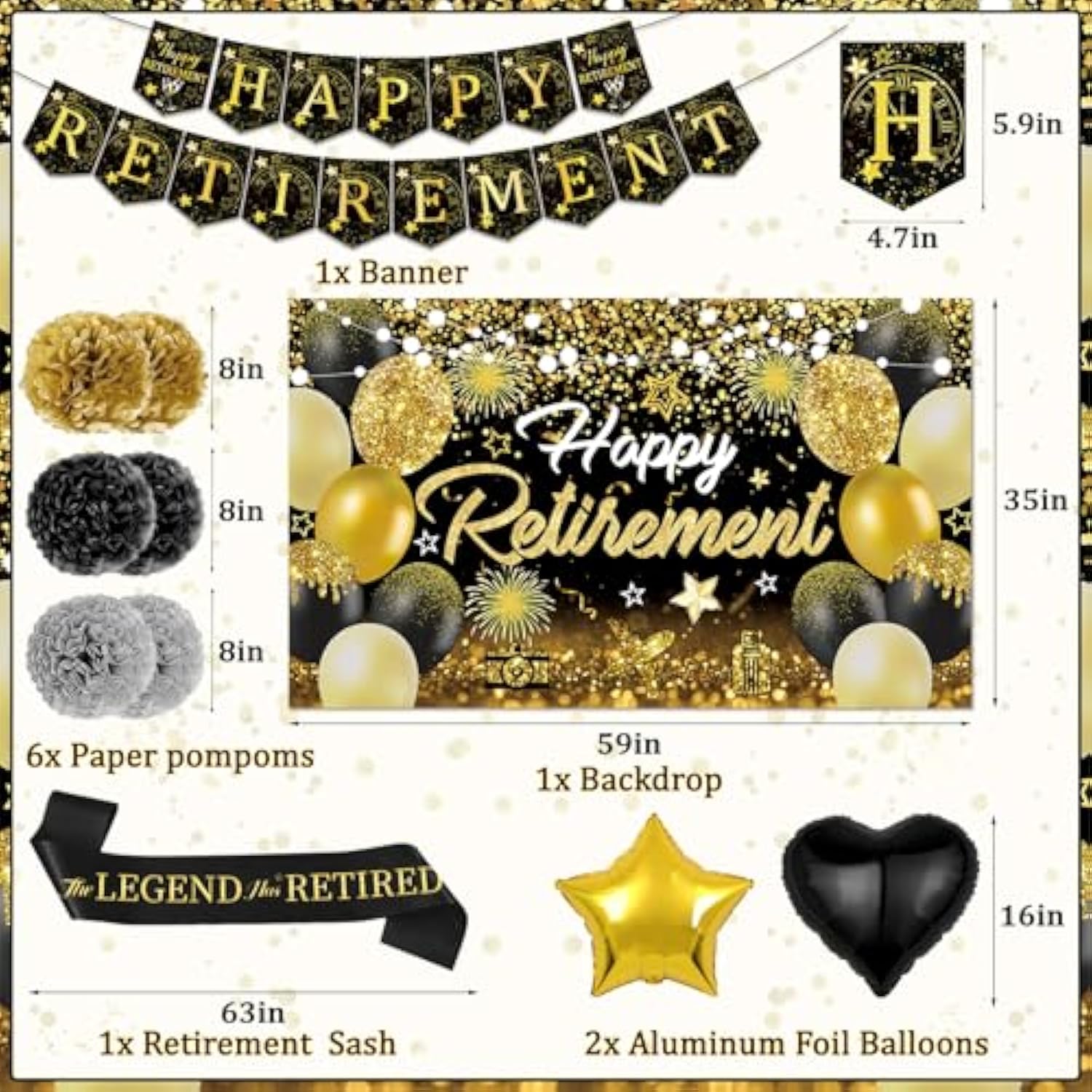 Happy Retirement Party Decorations For Men And Women - Black And Gold Banner, Backdrop Card, Sash, Hanging Swirls, Foil Balloons, Honeycomb Centerpieces