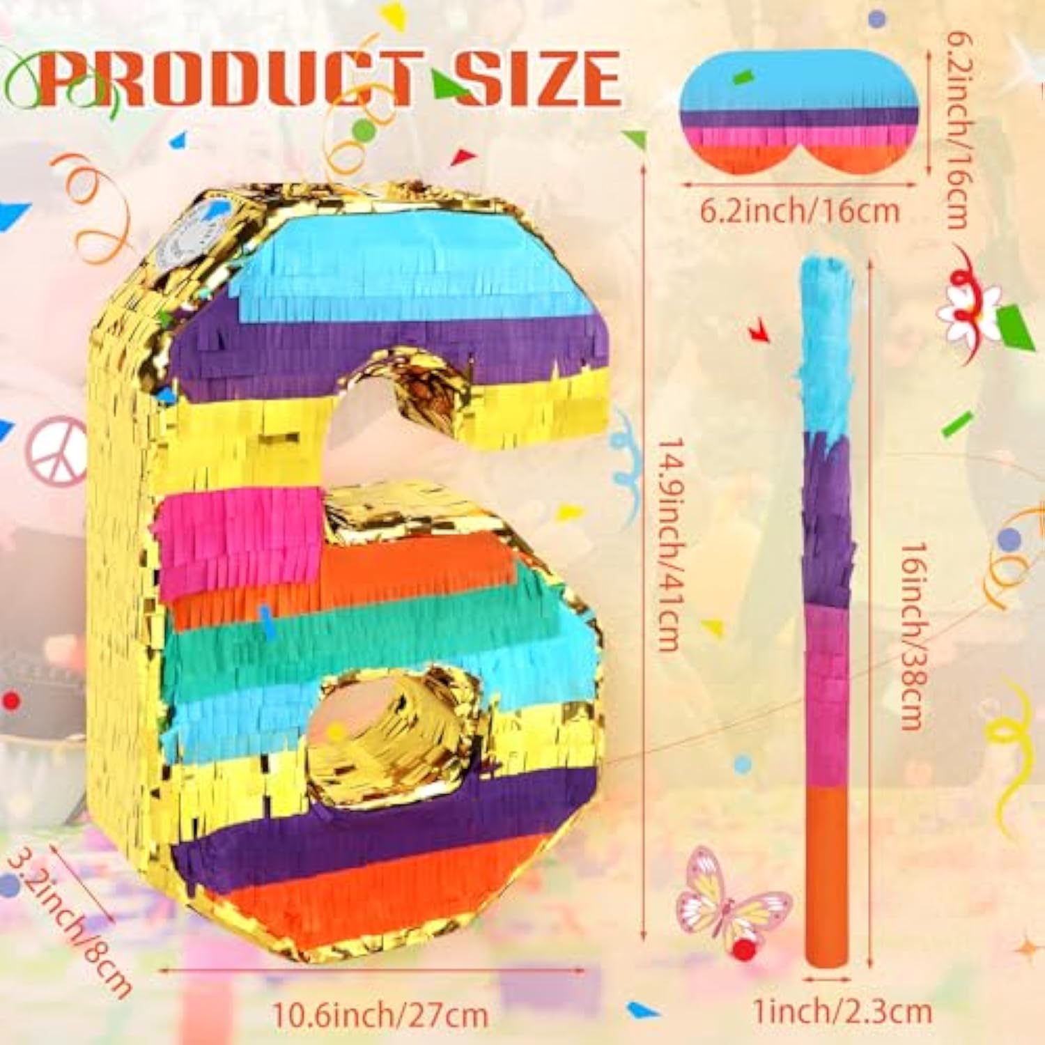 Rainbow Number 6 Piñata Set: 6th Birthday Party Game with Blindfold & Bat