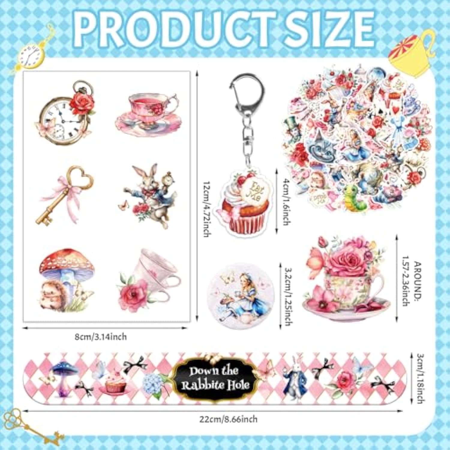 Alice In Wonderland Party Favors For Kids - 98Pcs Birthday Gift Set With Bracelets, Keychains, Tattoos, Stickers & Pins, Mad Hatter Tea Party Theme Supplies