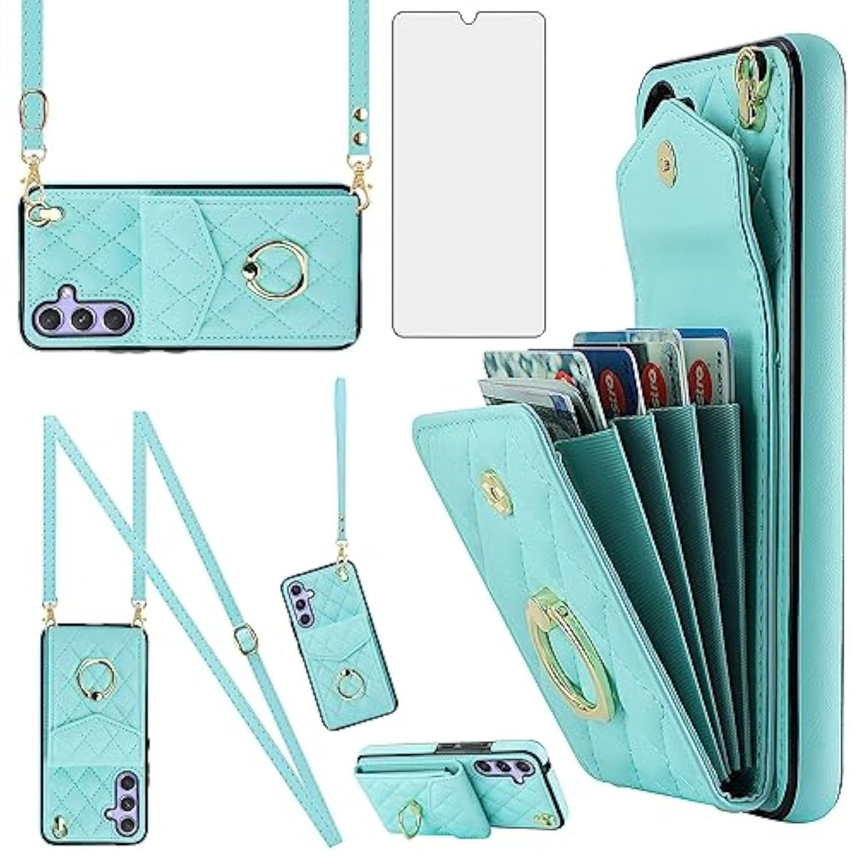 Phone Case For Samsung Galaxy A16 5G/4G Wallet Cover With Tempered Glass Screen Protector And Crossbody Wrist Strap Ring Rfid Blocking Credit Card Holder Leather Cell A 16 Women Men Girls Teal