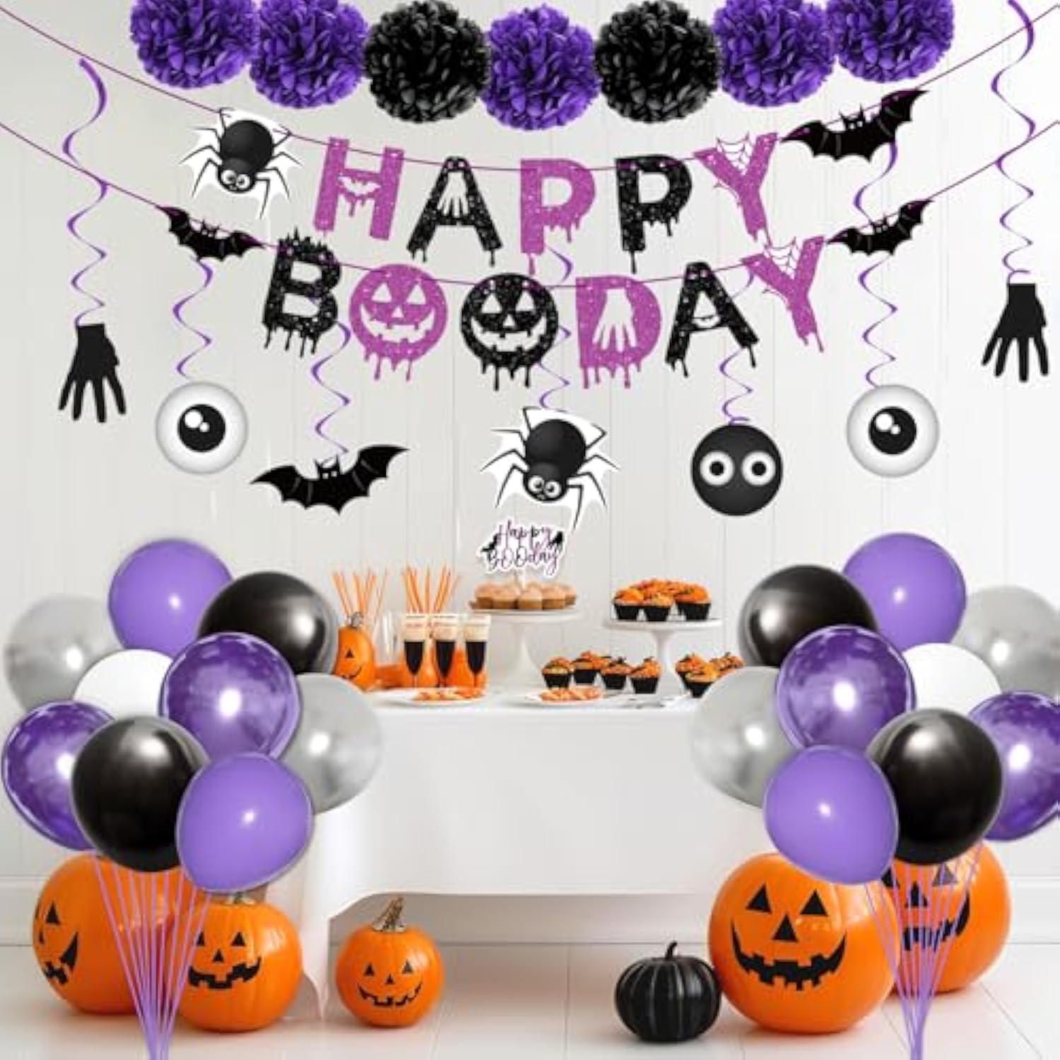 Halloween Party Decorations - Balloon Banner, Paper Pompoms, Cake Topper & Hanging Swirls