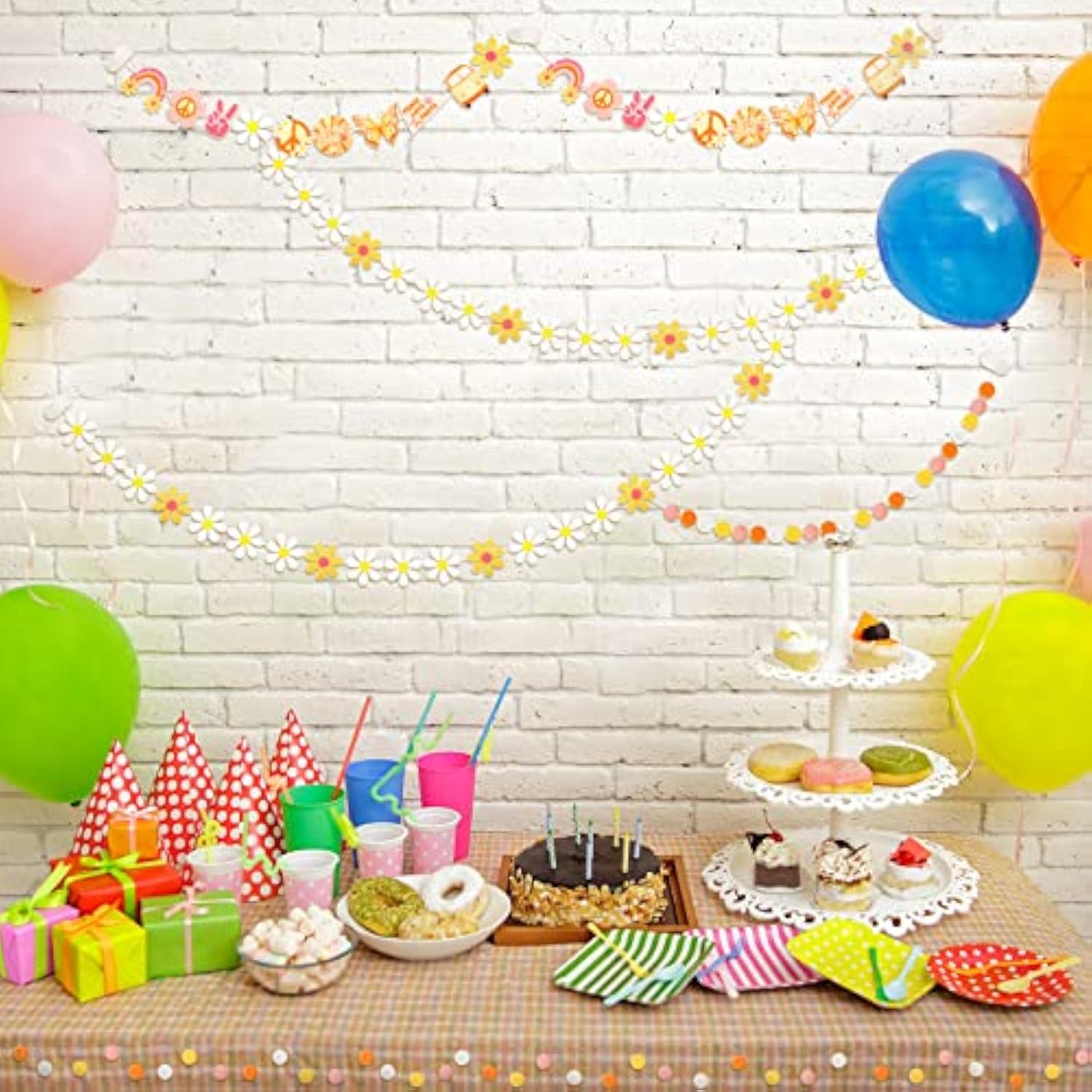 4 Pcs Groovy Party Decorations Garland Felt Ball Hippie Banner And Daisy Boho Garland Set With 6.5 Ft Pom Pom Banner Spring Party Supplies Retro Decor For Wall