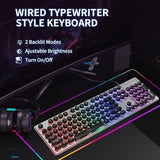 Typewriter Style Keyboard With Metal Panel, Rainbow Led Backlit, Round Keys, Anti-Ghosting, Spill Resistant, Light Up Usb Wired Retro 104 Keys For Office,Gaming, Black/Silver