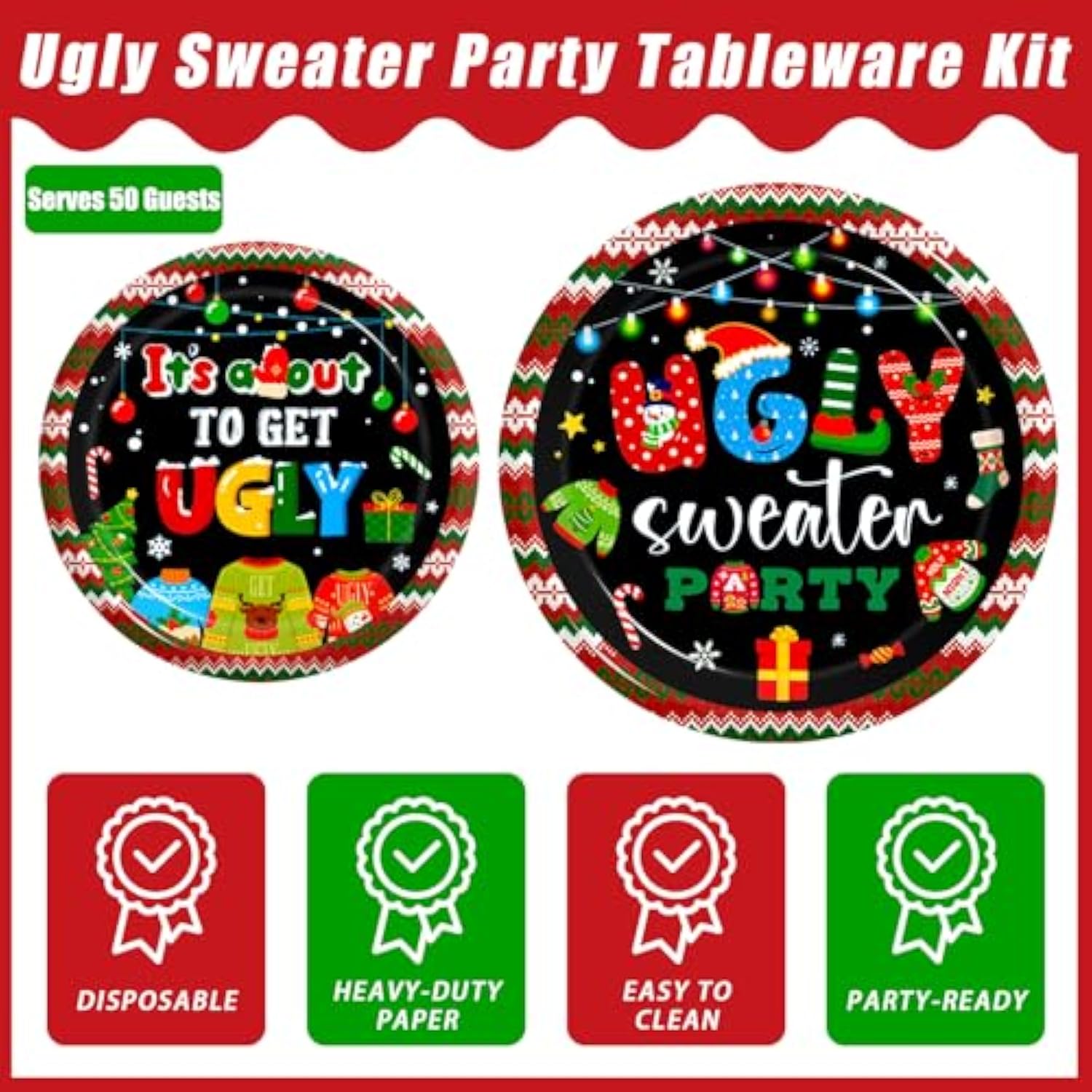 200pcs Christmas Ugly Sweater Party Plates Red Green Disposable Tableware Set