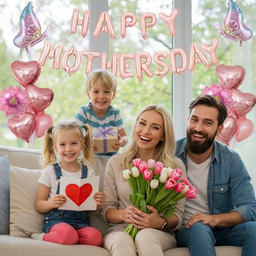 Mother's Day Decoration 16 Inch Rose Gold Happy Mothers Day Banner Letter Balloons with Flower and Butterfly Foil Balloons for Mom Celebration Party Decorations