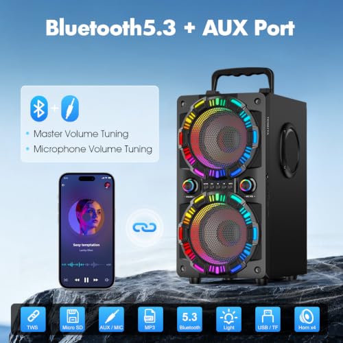 Bluetooth Speaker, Portable Wireless Speakers With Microphone, 60W Peak Loud Stereo Rich Bass, Lights, Remote, Fm Radio, Eq, Double Subwoofer Sound System, Speaker For Home Outdoor Party Gifts(1Mic)