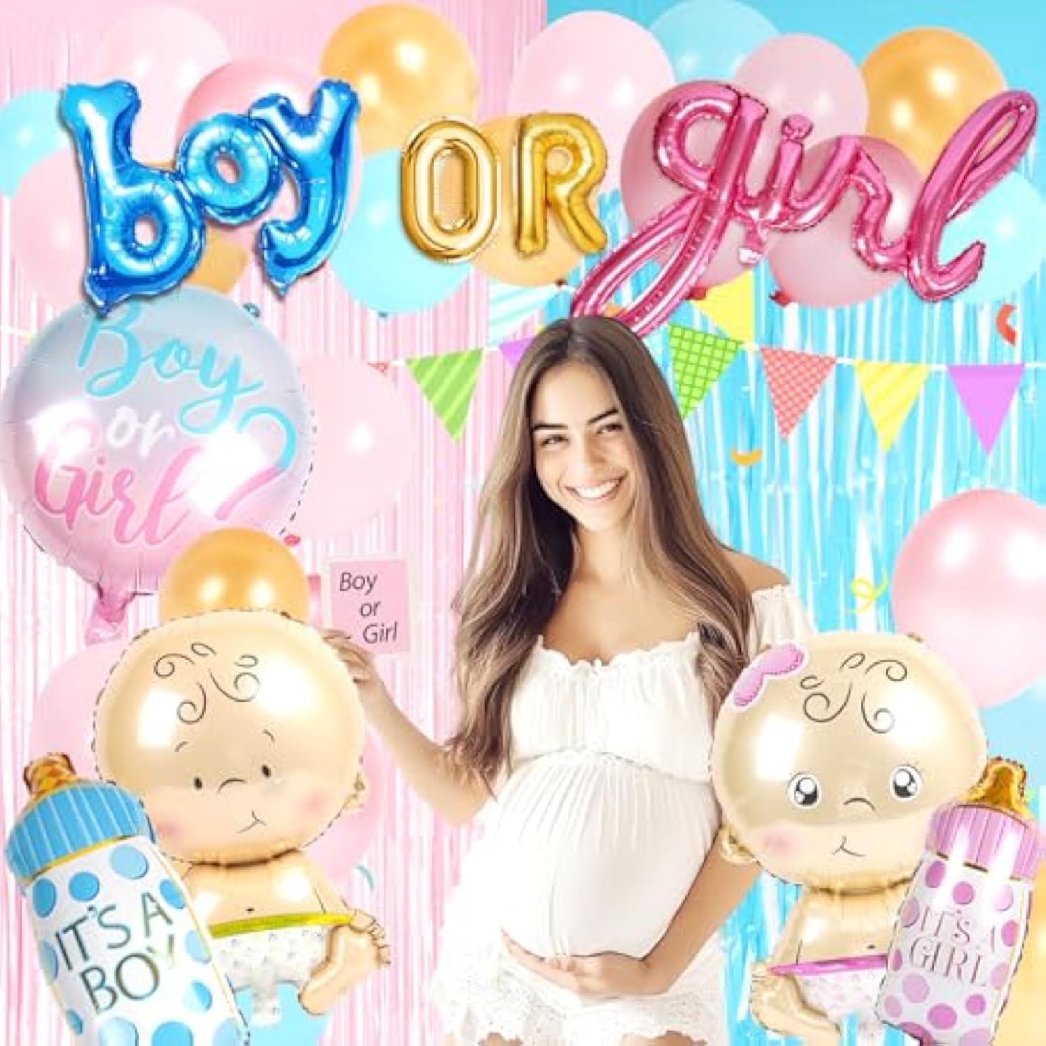 Baby Gender Reveal Balloons Party Decorations Supplies, Baby Shower Balloons Party Decorations, Pink, Blue, Yellow Latex Balloons, Shaped Balloons, Cupcake Toppers, Foil Curtains. Boy Or Girl Party
