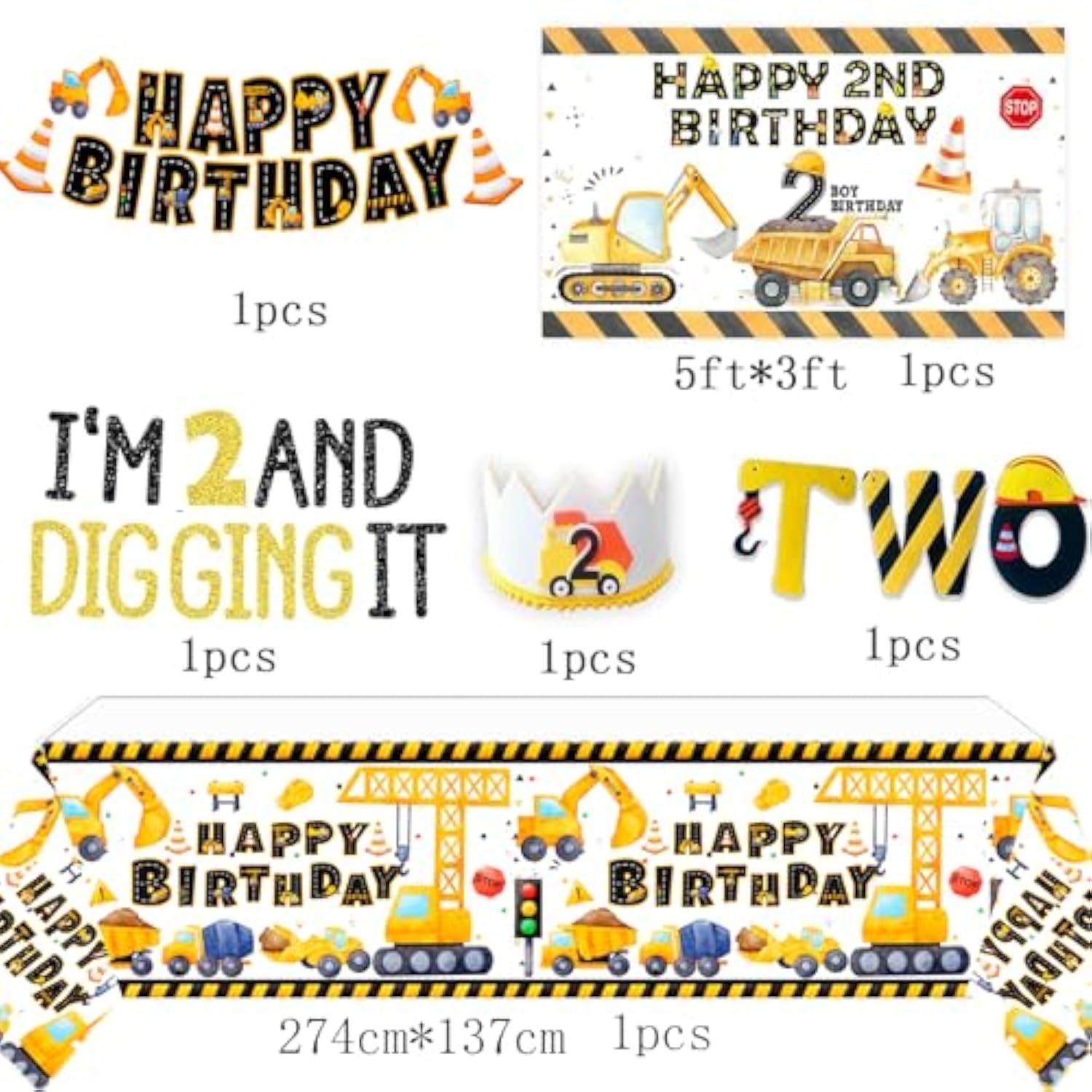 Construction Birthday Party Supplies For 2 Year Old Boy, 2Nd Birthday Decorations For Boys, Include- Backdrop, Cake, And Cupcake Toppers, Balloons, Cupcakes Wrappers, Banner