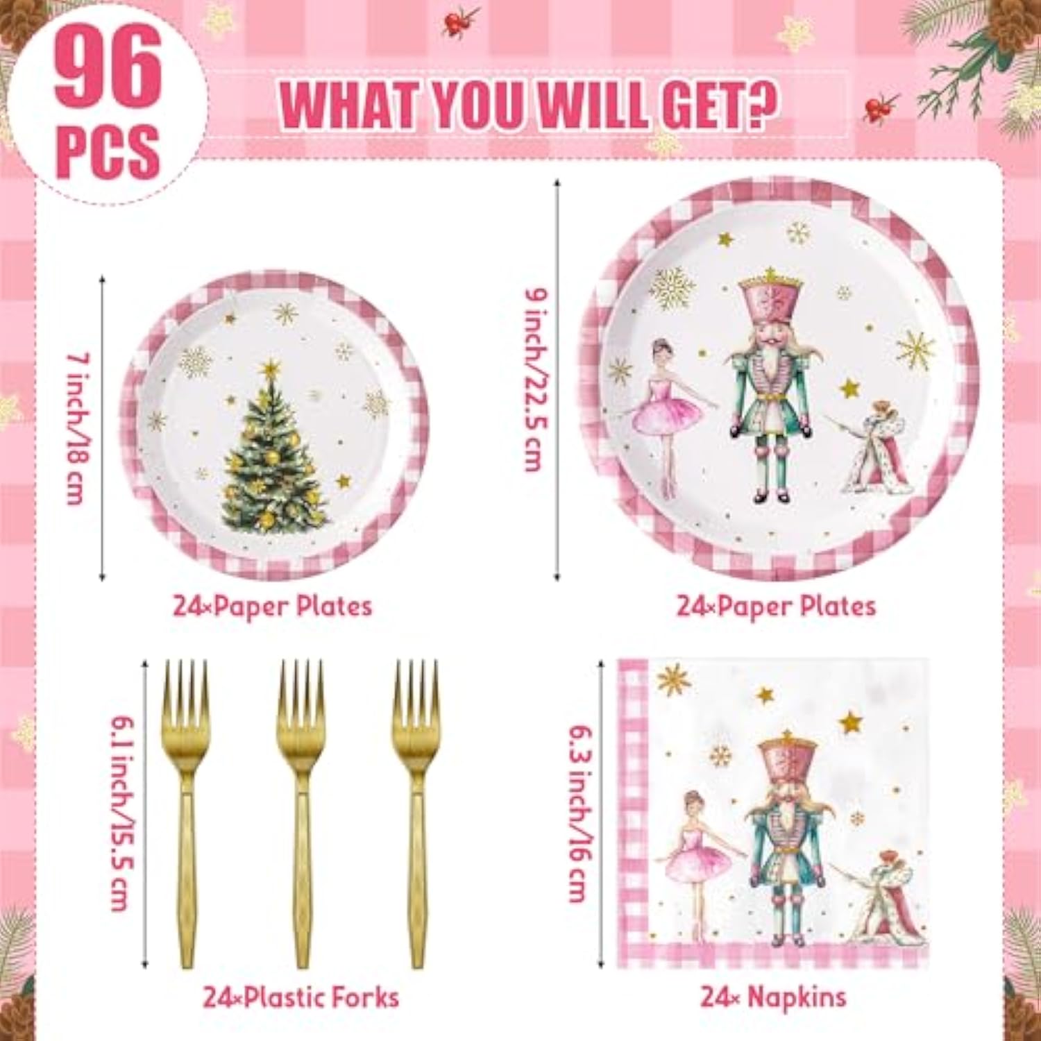 96Pcs Christmas Nutcracker Party Plate Supplies - Xmas Tree Ballet King Soldier Party Tableware Decoration Disposable Paper Plate Napkin Fork For Kid Winter Holiday Birthday, Serves 24 Guests