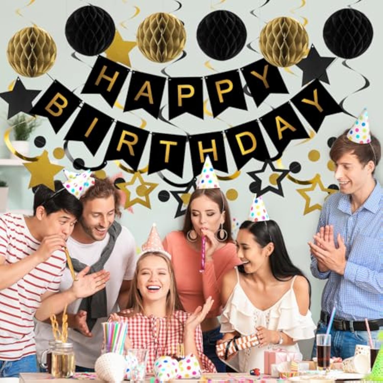 Black & Gold Birthday Decorations Set Banner, Honeycomb Balls, Swirls and Garland for All Ages