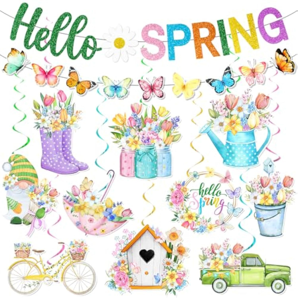 Spring Decorations Banner,Spring Party Decorations Includes Hello Spring Banner And Butterfly Spring Hanging Swirls, Spring Decorations For Office Home Classroom