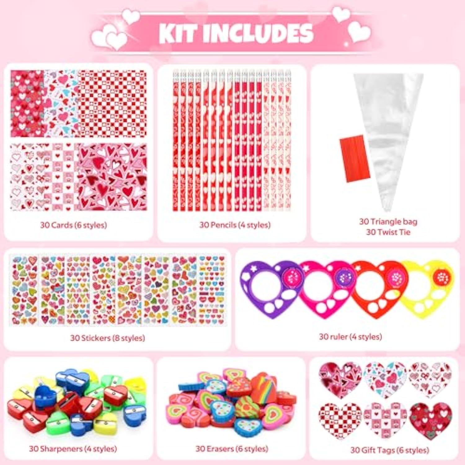 Valentine'S Day Gifts For Kids-30 Pack Valentines Sweet Cones Shaped Stationery Gift For Classroom, Creative Valentine Exchange Gift Set With Clear Bag Heart Card Pencil Sticker Eraser Sharpener Ruler