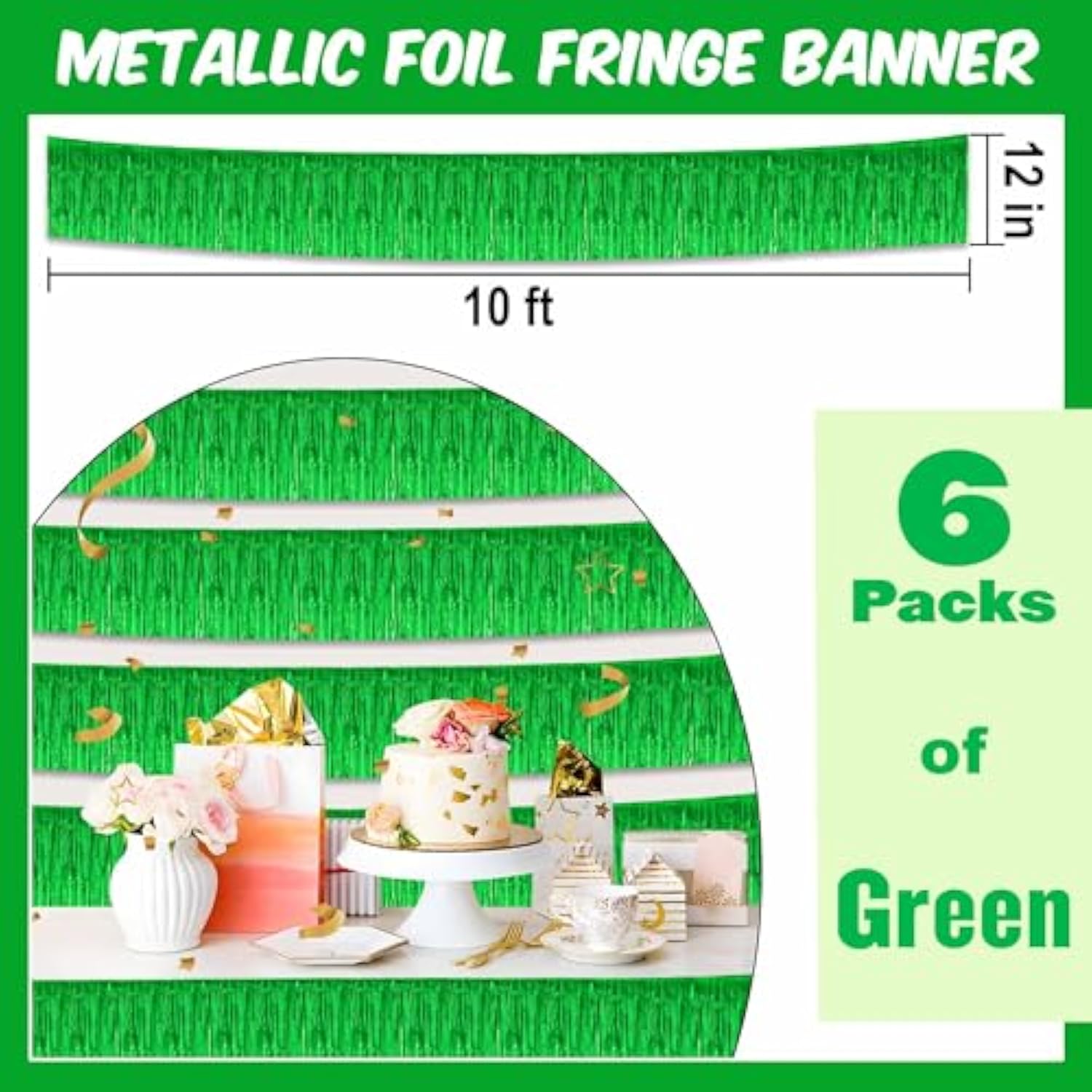 6 Pack 10 Ft Green Foil Fringe Garland Metallic Streamers Tinsel Banner Wall Hanging Garland Backdrop For Parade Floats, Halloween, Christmas, Thanksgiving, New Year Party Decorations
