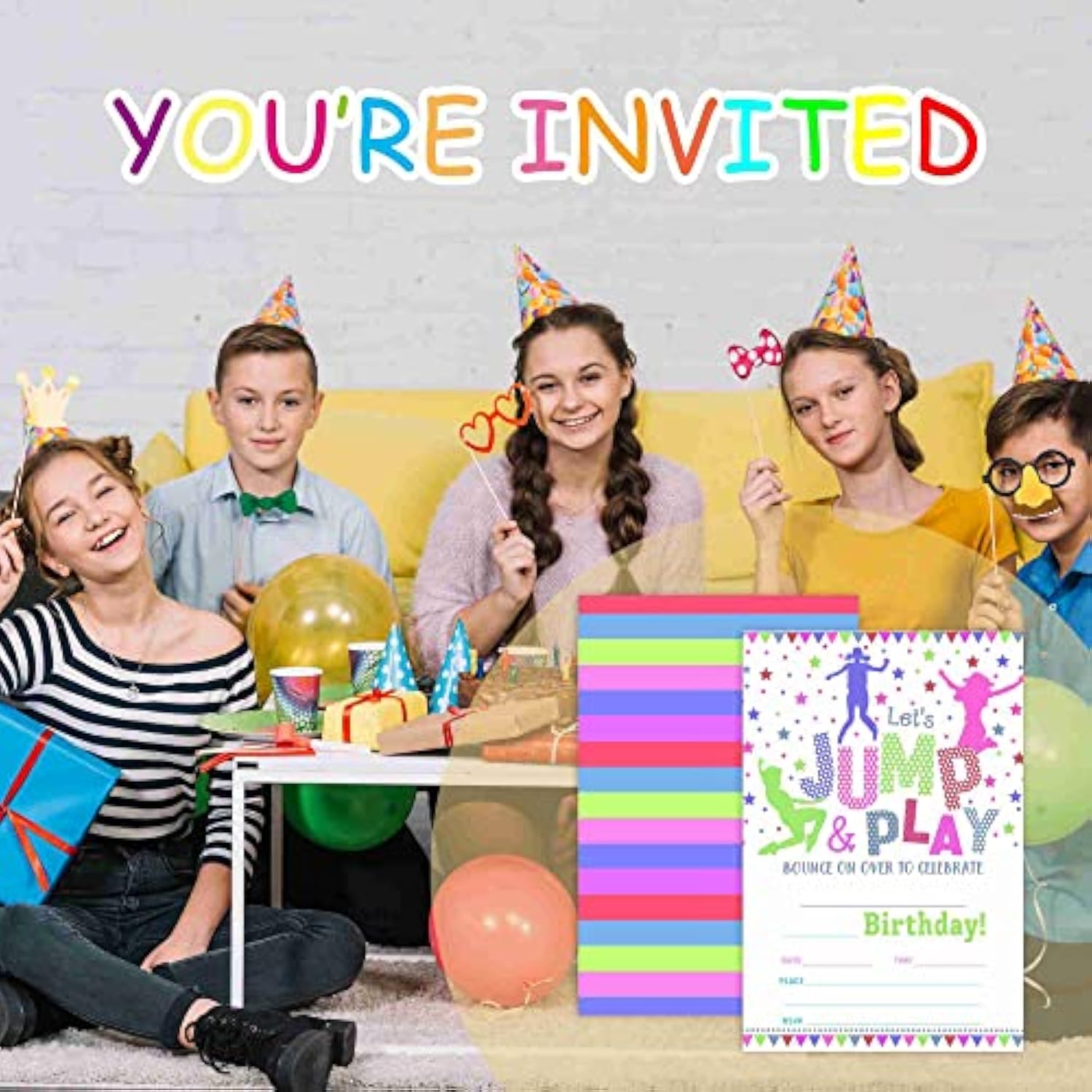 20 Bounce House Birthday Invites - Gymnastics Party Fill-In Invites - Jump & Play Theme With Rainbow Trampoline Design - Gymnastics Birthday Party Decoration-A018