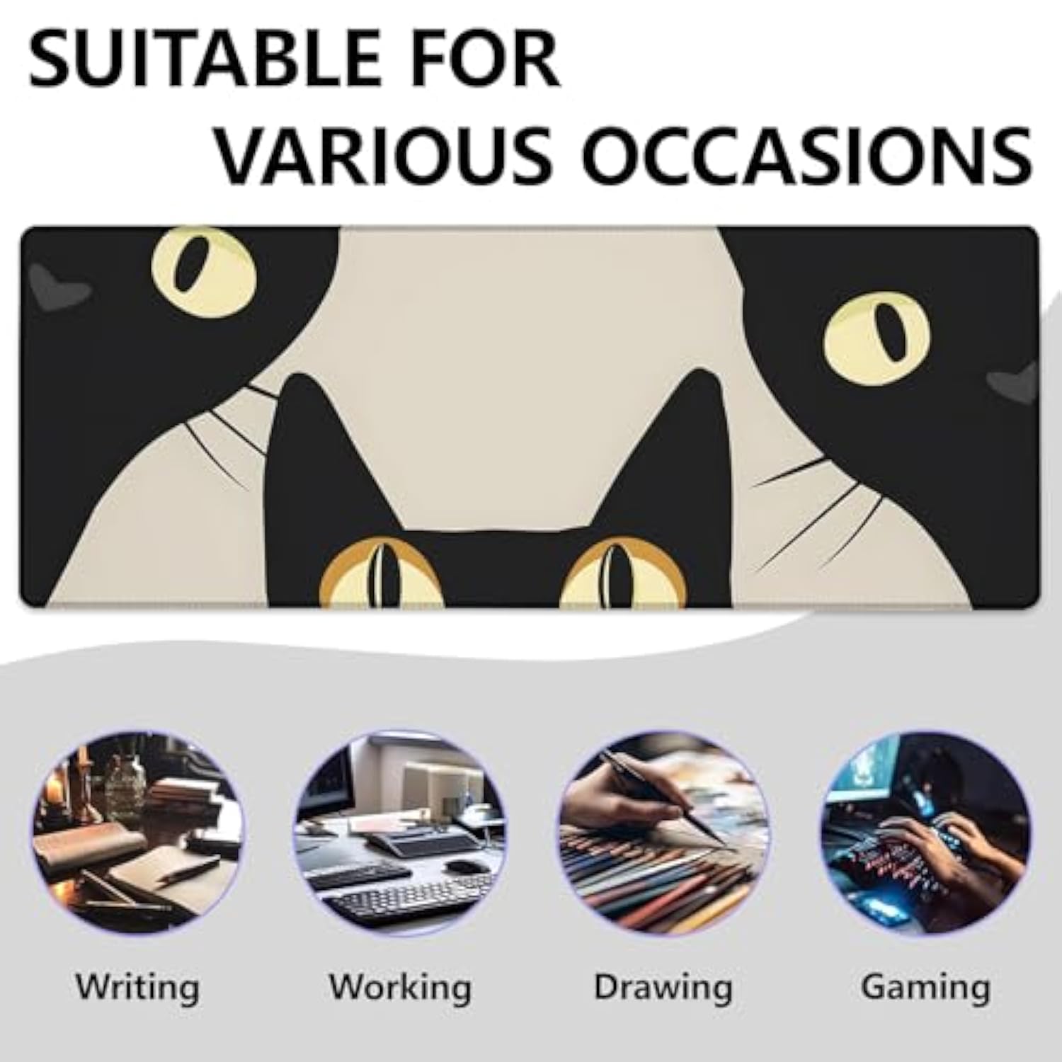 Black Cat Face Large Mouse Pad, Gaming Mouse Pad, Non-Slip Rubber Base, Office Accessories, Desk Mat, Cats Mousepads For School, Work, Home Decor Gifts 31.5" X 11.8"