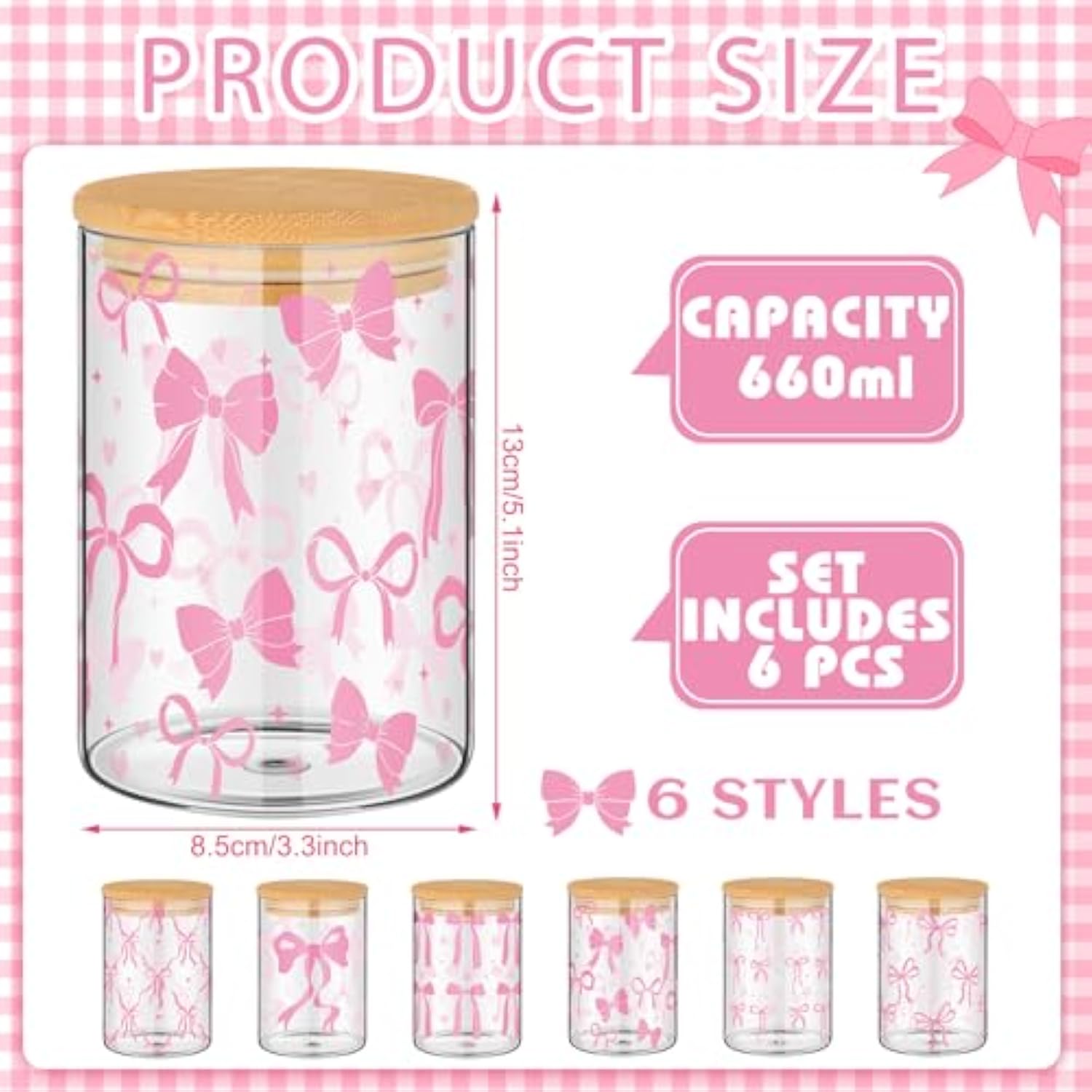 6 Pcs Valentines Day Pink Bow Glass Storage Jars With Airtight Lid 19 Oz Pink Bow Decorative Canisters Sets Sugar Container Farmhouse Kitchen Canisters Glass Organizers Kitchen Countertop Gift