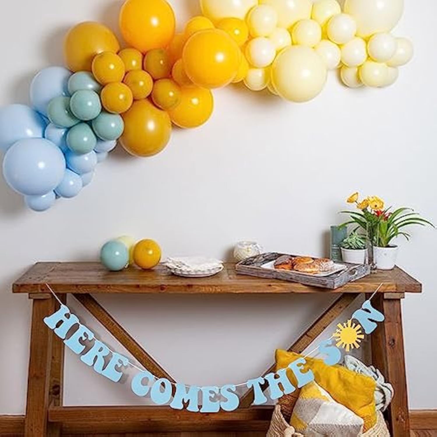 Here Comes The Son Boho Sunshine Banner - Sun, Blue Son Baby Shower Deco, Retro Sun Party