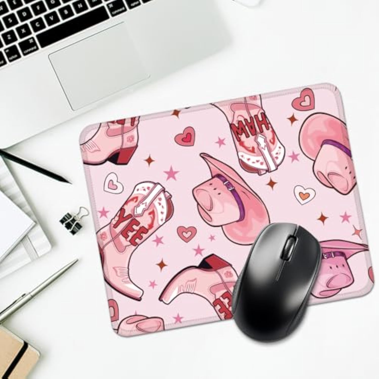Yee Haw Pink Rectangular Mouse Mat, Funny Cowboy Hat Boot Mouse Pads For Desk, Western Cowgirl Disco Mouse Pad, Cowgirl Gifts For Friends, Western Office Gifts For Women Coworker