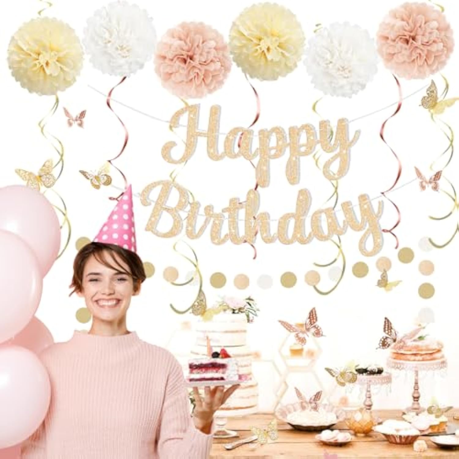 Champagne Gold Birthday Decorations For Women, Pre-Strung Happy Birthday Banner With Tissue Paper Pompoms?Hanging Swirl Streamers, 3D Butterfly Decorations, Beige Boho Birthday Party Supplies