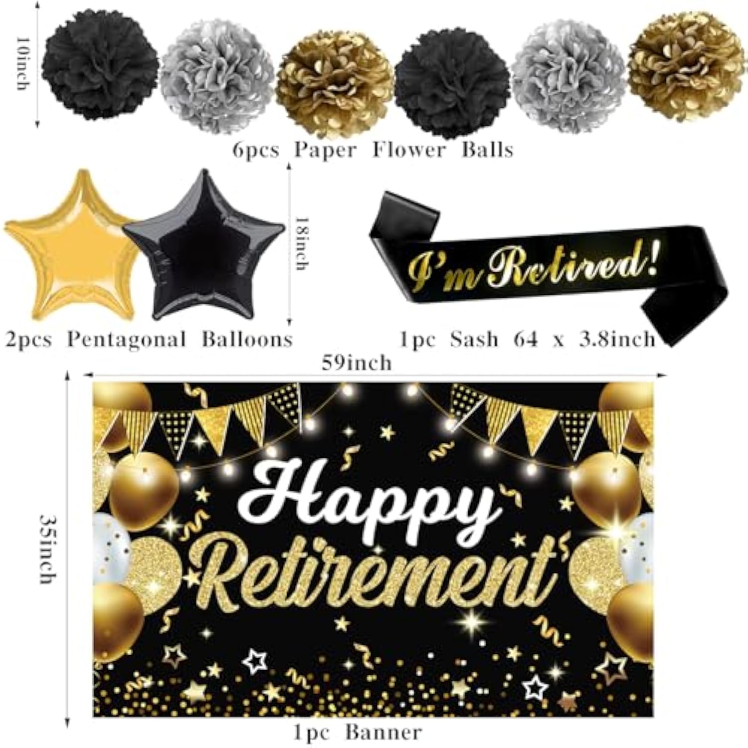 22Pcs Happy Retirement Party Decorations For Men And Women- Black And Gold Banner, Backdrop Card, Sash, Hanging Swirls, Foil Balloons, Honeycomb Centerpieces
