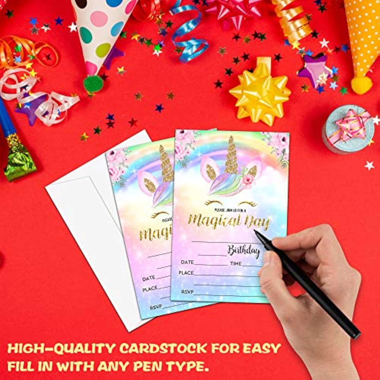 Unicorn Birthday Party Invitation, Magical Unicorn Themed Fill-In Invites For Friends, 20 Invitations With Envelopes (4" X 6"), Rainbow Party Favors Decorations And Supplies -29