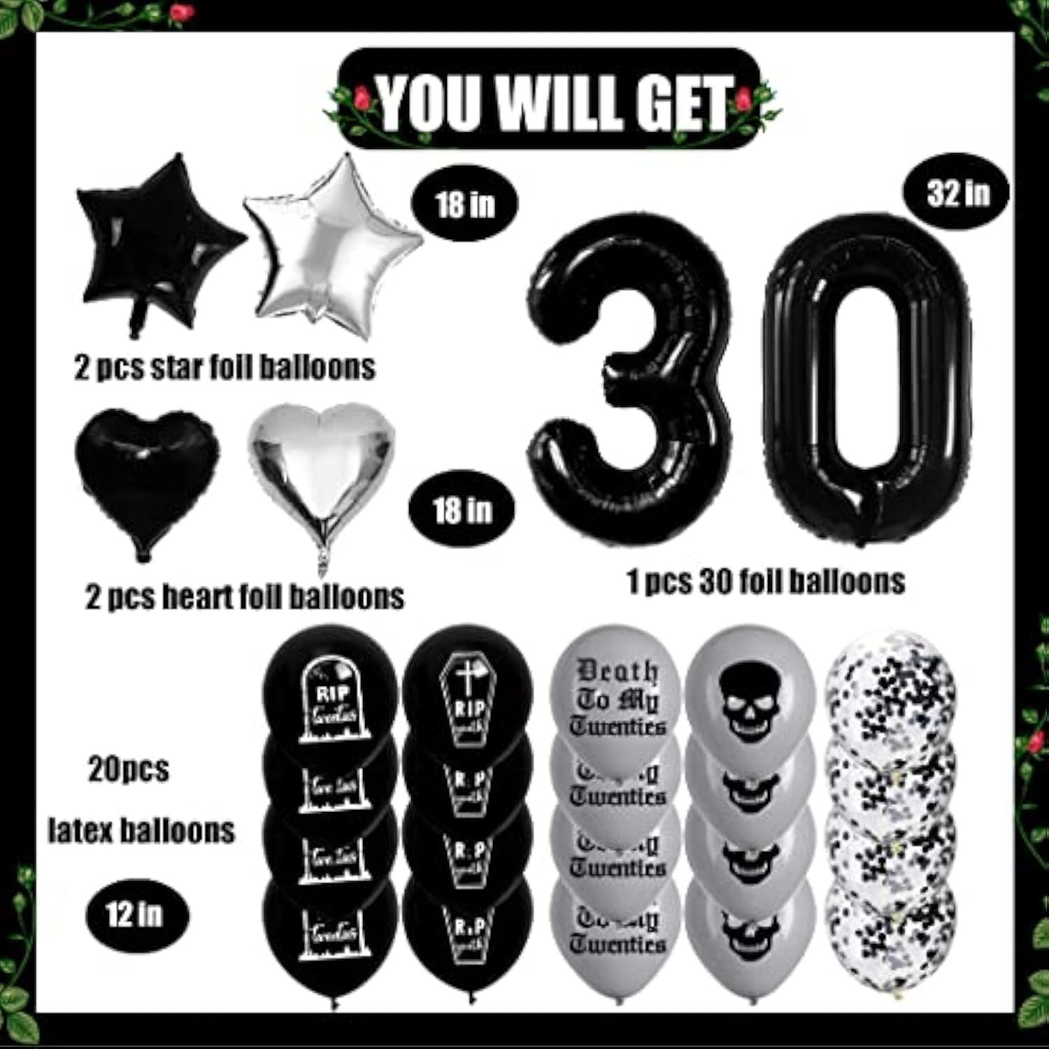 30Th Birthday Decorations Pack, Death To My 20S Party Supplies Including Birthday Banner Rip To My 20S Sash Number 30 Balloon Cake Cupcake Toppers Funeral For My Youth Funny Thirtieth Birthday Party