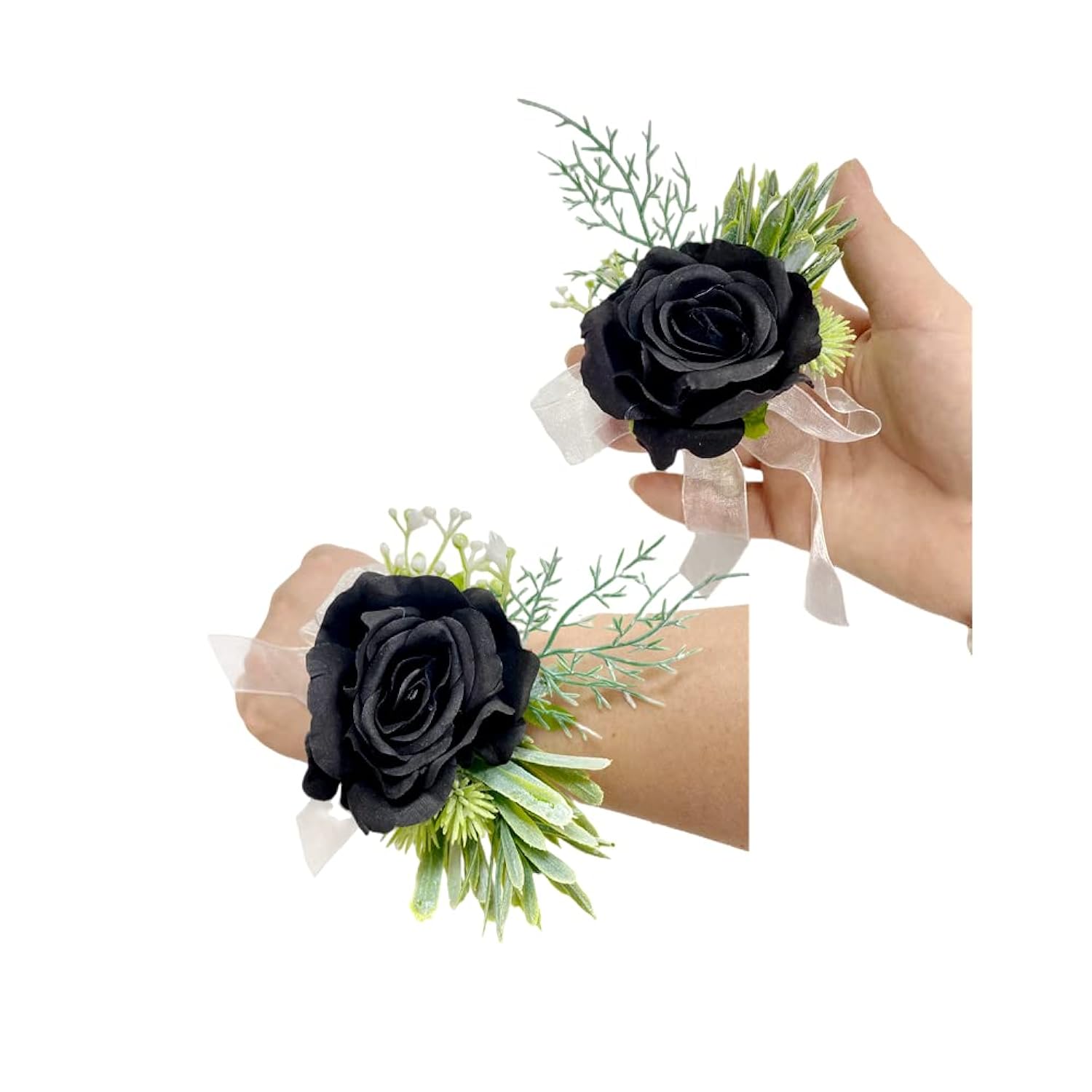 Rose Wrist Corsage Wristlet Band Bracelet And Men Boutonniere Set, Corsage For Prom,Bride Hand Flower Flowers Ceremony,Wedding Party Prom Decor,Diy Petals Hair Hat Wreath (Black)