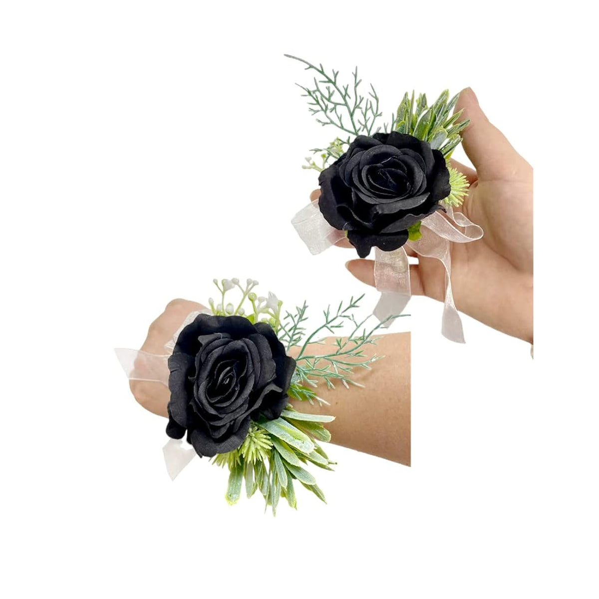 Rose Wrist Corsage Wristlet Band Bracelet And Men Boutonniere Set, Corsage For Prom,Bride Hand Flower Flowers Ceremony,Wedding Party Prom Decor,Diy Petals Hair Hat Wreath (Black)