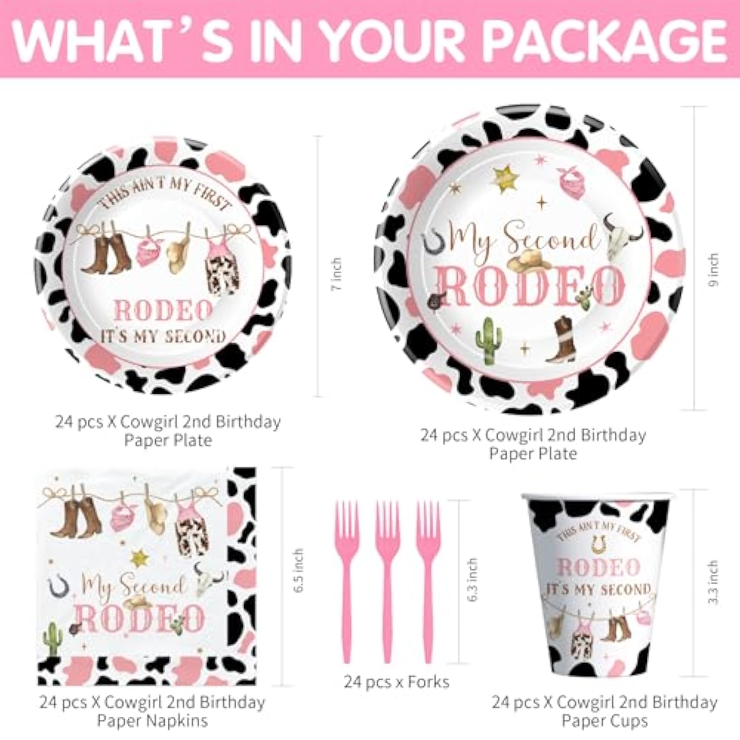 Western Cowgirl 2Nd Birthday Party Supplies, Wild West My Second Rodeo Birthday Decorations Tableware Girl, Paper Plate, Cup, Napkin, Fork | Serve 24