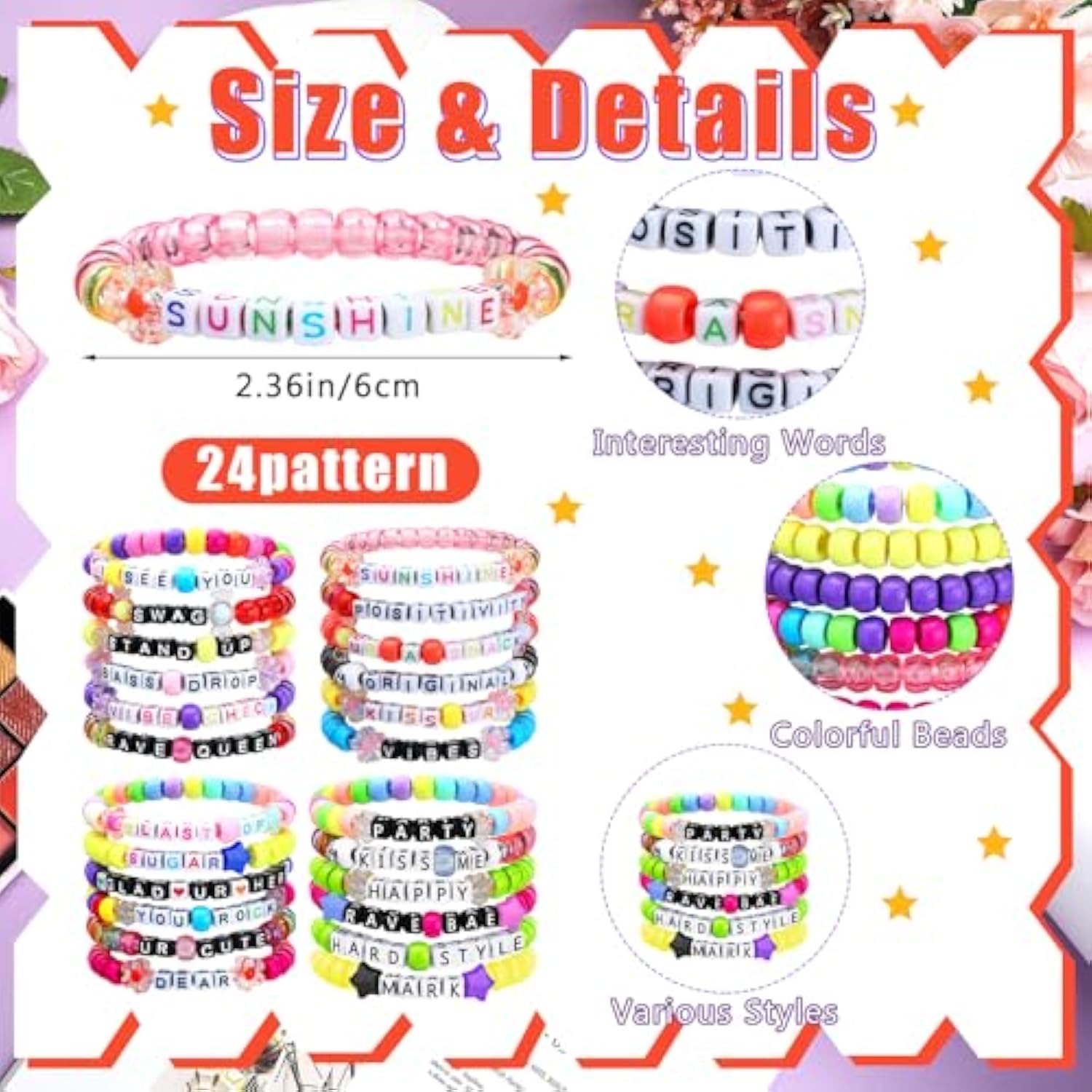 24 Pcs Music Party Bracelets Rave Kandi Bracelets Wear And Trade Handmade Party Trinkets Vibes Alphabet Plur Music Festival Accessories Different Phrases Every Time For Women Men