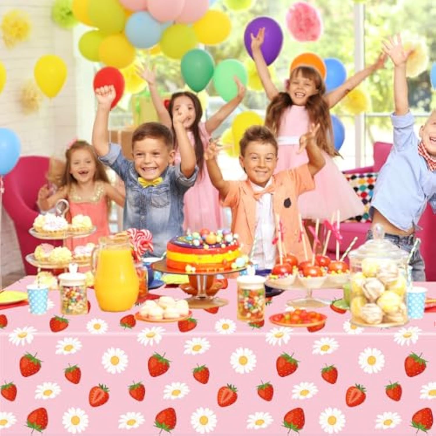4 Pack Strawberry Tablecloths Berry Sweet Plastic Table Cover For Birthday Decorations Strawberry Baby Shower Party Decorations, 54 X 108 Inch