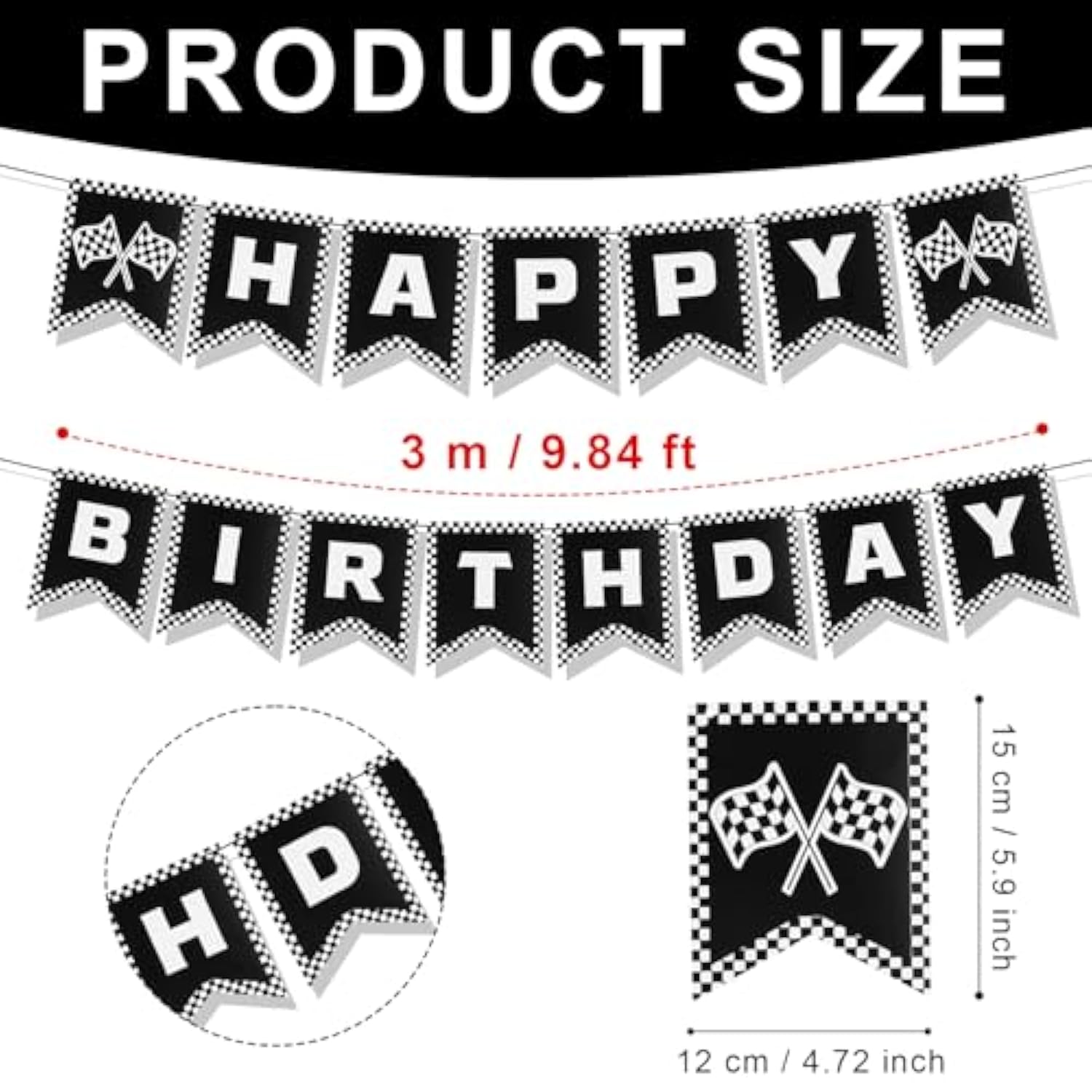 Race Car Happy Birthday Banner, Checkered Flag Decorations for Racing Theme Party