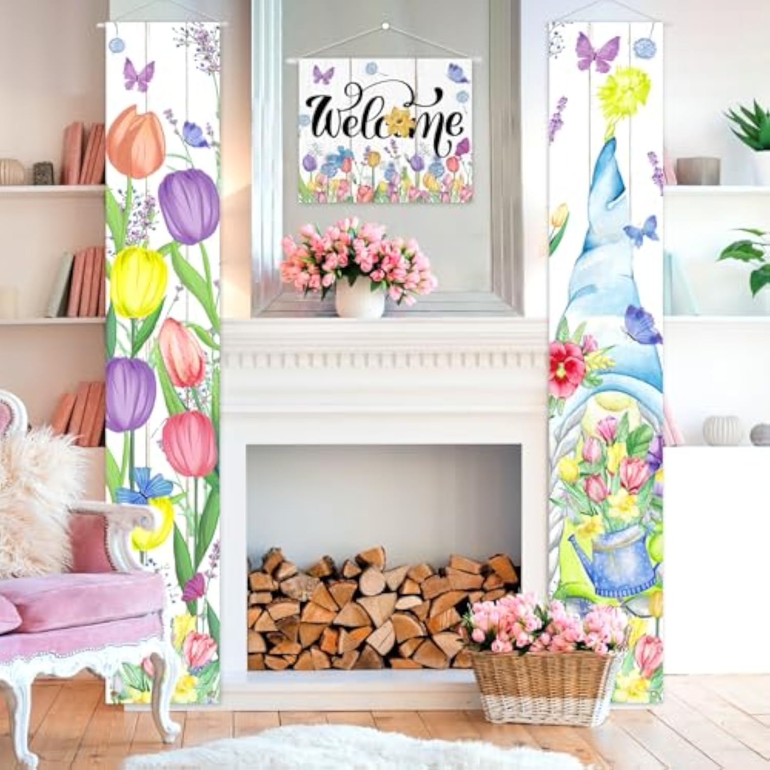 3Pcs Welcome Spring Smmer Door Banner Decorations Tulip Floral Mother'S Day Porch Sign Banner Gnome Hanging Door Banner For Indoor Outdoor Wall Decor Party Supplies