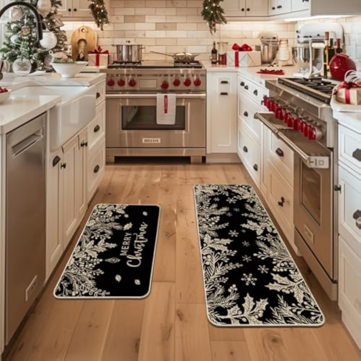 Black Holly Pine Branches Merry Christmas Kitchen Mats Set Of 2, Winter Decor Low-Profile Kitchen Rugs For Floor - 24X35 And 24X59 Inch