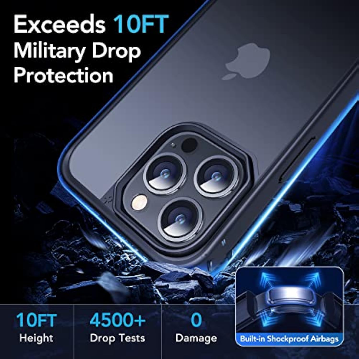 For 13 Pro Case Matte Shockproof, [10Ft Mil-Grade Drop Protection] [Never Yellow] Translucent Slim Cover Women Men For 13 Pro Phone Case, Frosted Black
