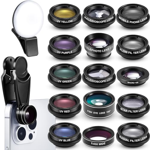 16 Pcs Phone Camera Lens Kit 16 in 1 with Selfie Light Universal Clip on Cell Phone 198 Degree Fisheye Wide Angle Macro Kaleidoscope CPL Lens
