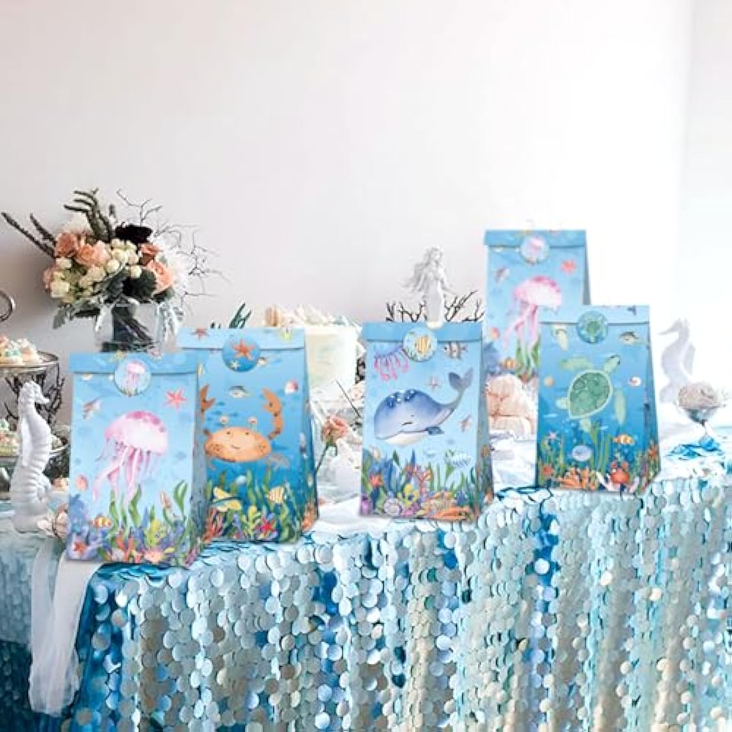 12 Pcs Under The Sea Party Favor Gift Bags With Stickers Ocean Animals Treat Goodies Bags Birthday Party Decorations Turtle Whale Beach Theme Baby Shower