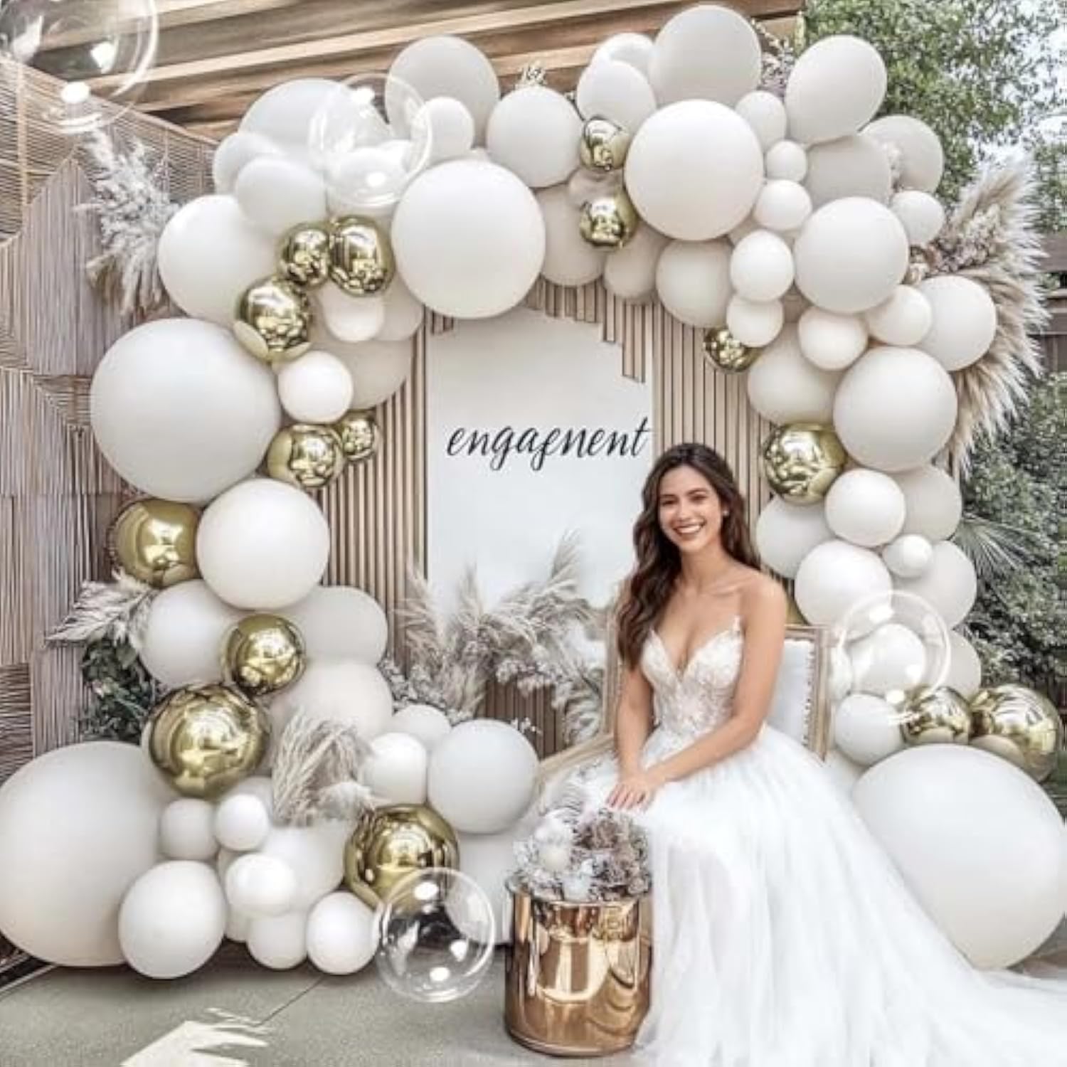 Double Stuffed White Gold Balloon Arch Clear Bobo Garland Kit Party Decorations
