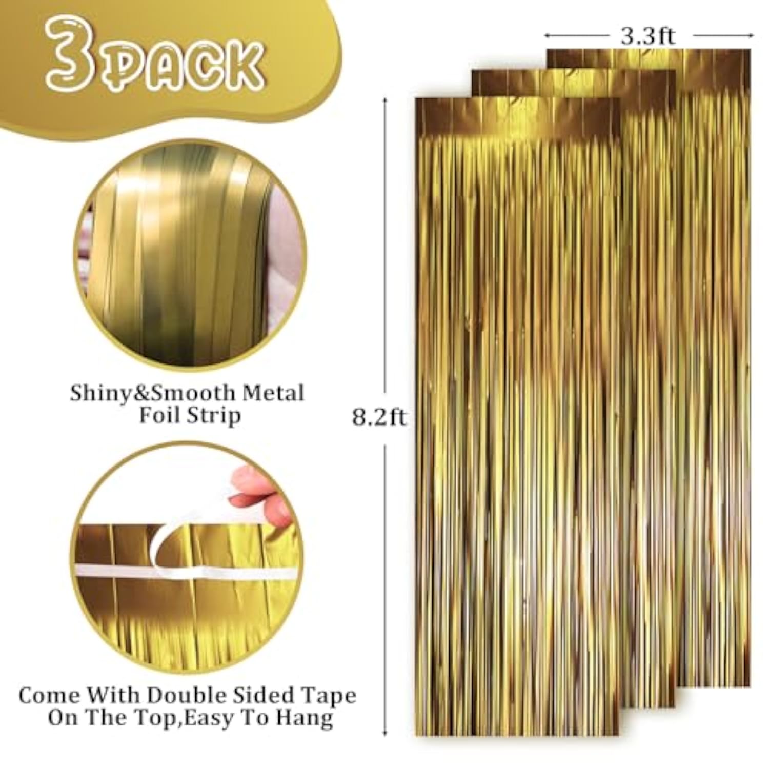 3 Pack Matte Gold Foil Fringe Backdrop 3.3x8.2ft Tinsel Streamers for Party