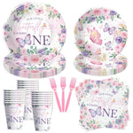 Butterfly First Birthday Plates And Napkins Party Supplies - Girl'S 1St Birthday Decorations, Plate, Cup, Napkin, Fork For One-Year-Old Party Tableware | Serves 24