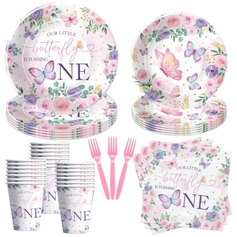 Butterfly First Birthday Plates And Napkins Party Supplies - Girl'S 1St Birthday Decorations, Plate, Cup, Napkin, Fork For One-Year-Old Party Tableware | Serves 24