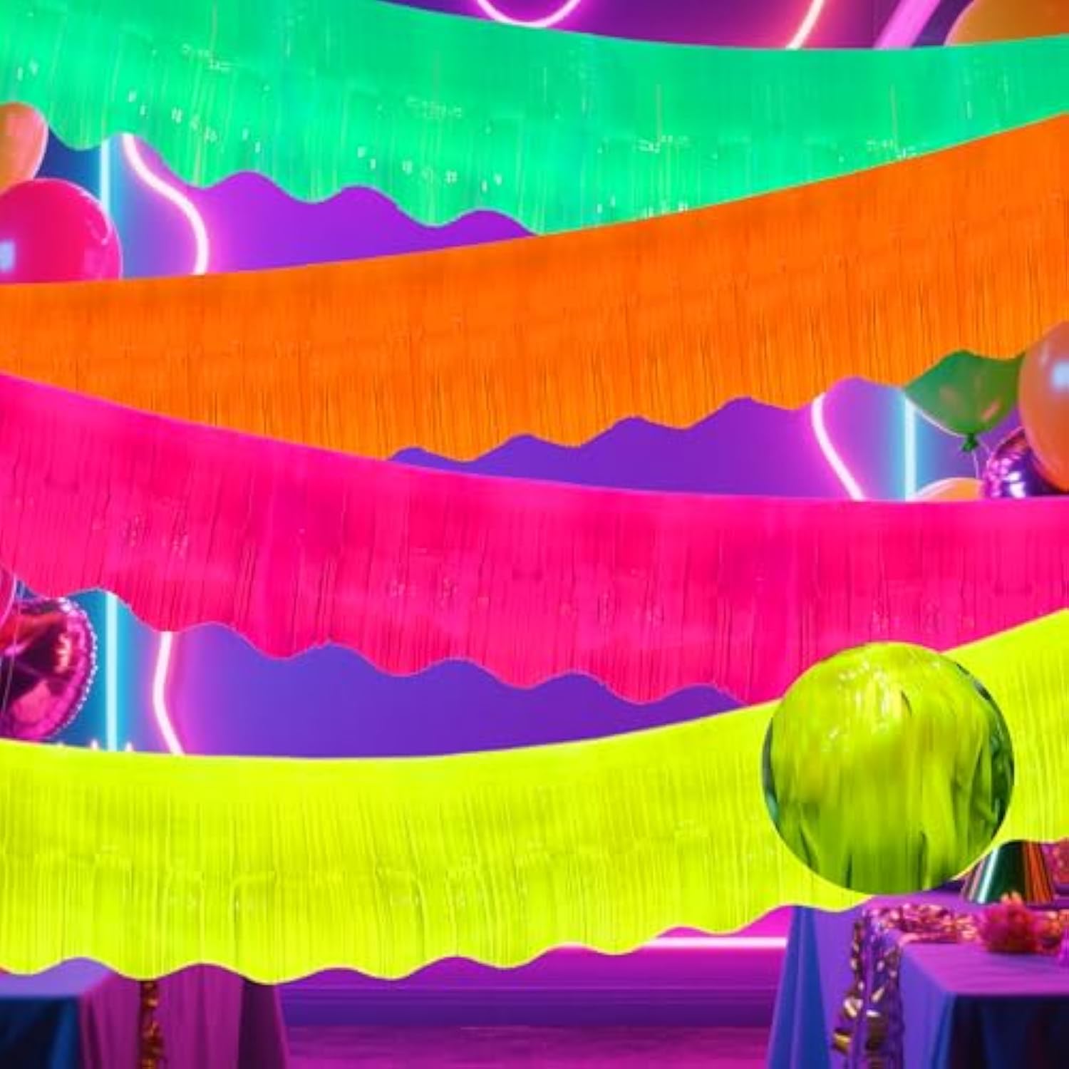 4 Packs 39 Ft Glow In The Dark Party Supplies Fringe Garland, Neon Macaron Parade Float Glow Tinsel Streamers Banner Table Skirts For For Birthday Holiday Neon Party (Green,Fuchsia,Yellow,Orange)