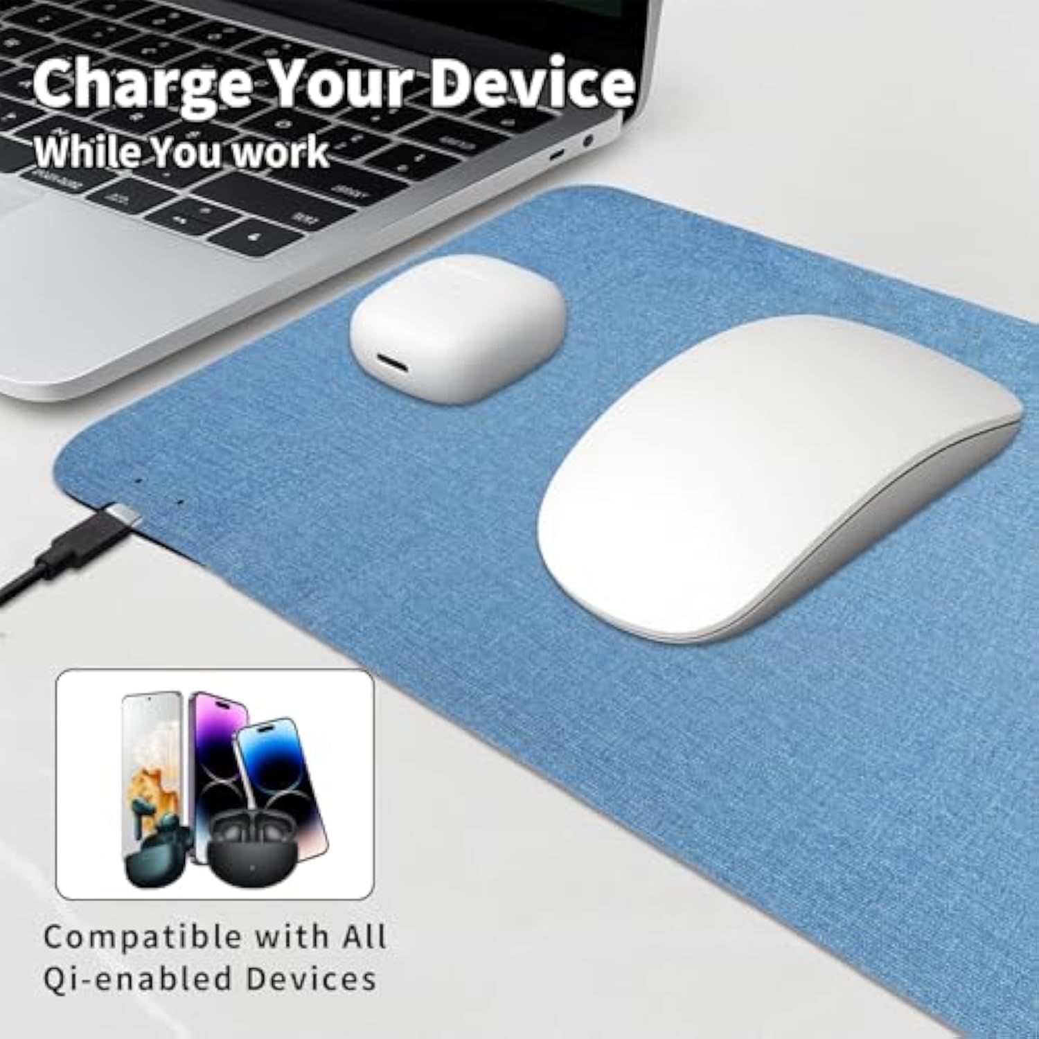 Fast Wireless Charging Mouse Pad 15W, Office Desk Pad With Ultra-Smooth Surface Non-Slip Rubber Base, Waterproof Mousepad For Computers/Office/Work/Home/Pad For Iphone Samsung (Light-Gray)